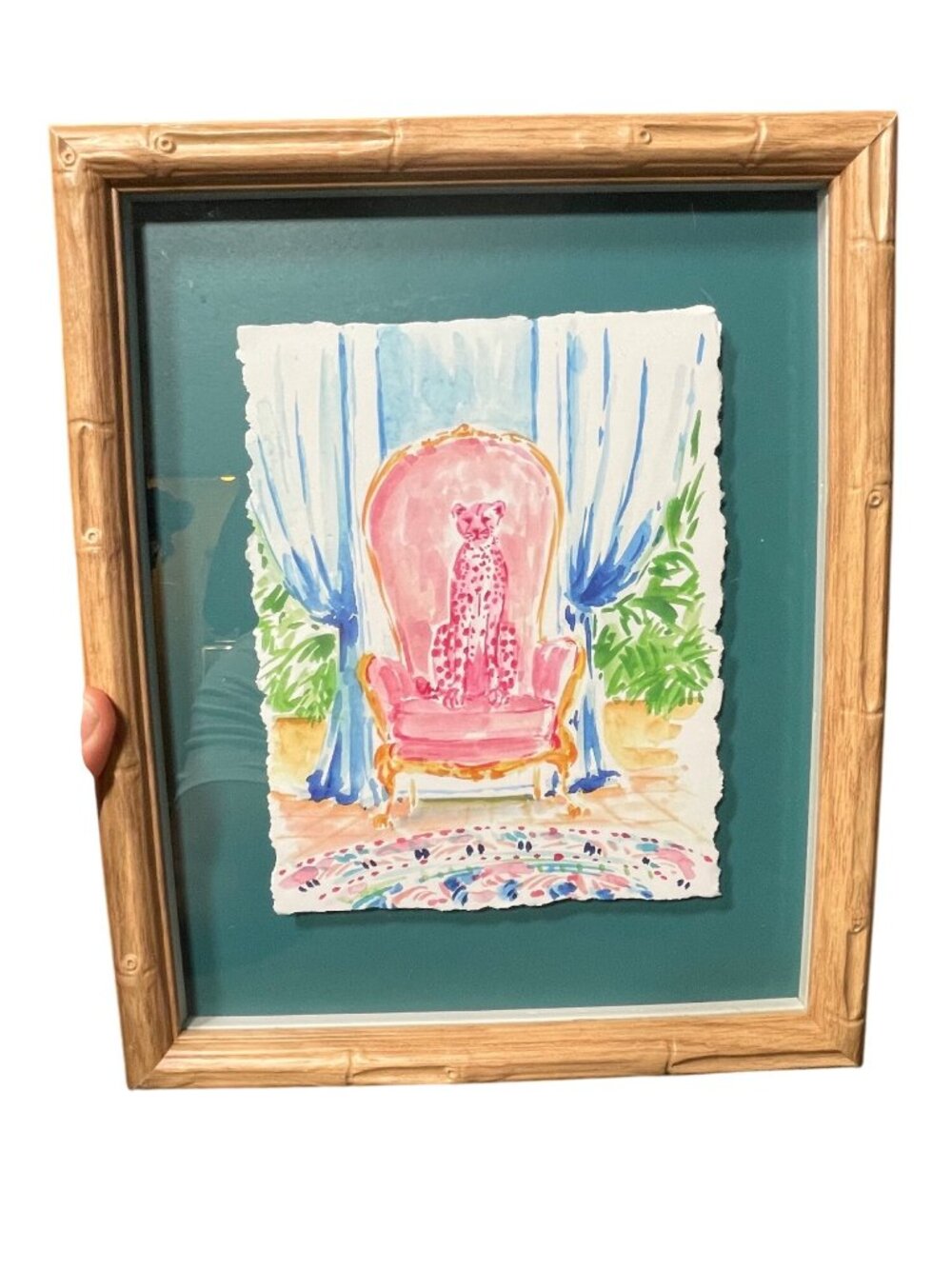 Framed Watercolor Art Pink Leopard Chair Bamboo-Style Frame 10x12 Inches